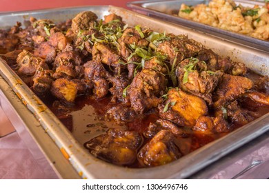 Malaysian Dish Rendang Ayam Or Dry Curry Chicken In A Steel Pot