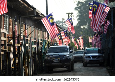 Malaysian Flags At The Long House In Niah, Sarawak