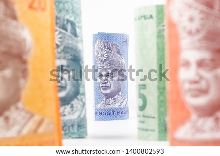 Malaysian Ringgit banknotes of 100,50,20,10,5 and 1 isolated on white background