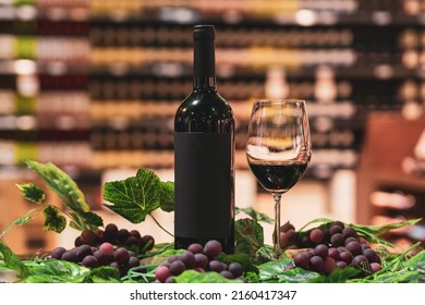 Malbec Wine Table With Leaves And Grape Fruits.