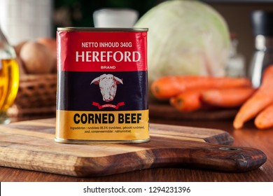 MALBORK, POLAND - JANUARY 24, 2019: Can of Hereford Corned Beef on a wooden background