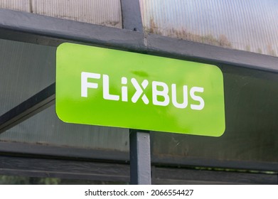 Malbork, Poland - July 26, 2021: Logo Of Flixbus On Bus Stop. Flixbus Is A Brand Which Offers Intercity Bus Service All Over Europe.