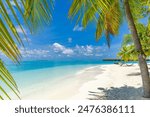 Maldives island beach. Tropical landscape of summer scenery, sunny sea sand sky with palm trees. Luxury travel vacation destination. Exotic beach landscape. Amazing nature, relax, freedom tourism