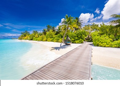 Maldives Island Beach. Tropical Landscape Of Summer Scenery, White Sand With Palm Trees. Luxury Travel Vacation Destination. Exotic Beach Landscape With Swing Or Hammock. Maldives Holiday Background