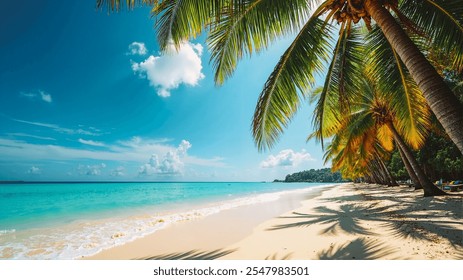 Maldives island beach. Tropical landscape of summer scenery, white sand with palm trees. Luxury travel vacation destination. Exotic beach landscape.