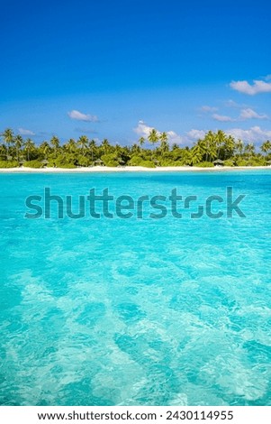 Maldives island beach. Tropical landscape of summer paradise. White sand , coconut palm trees calm sea bay. Luxury travel vacation destination. Exotic beach island. Amazing nature inspire relaxation