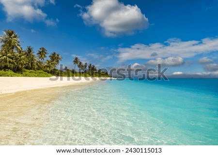 Maldives island beach. Tropical landscape of summer paradise. White sand , coconut palm trees calm sea bay. Luxury travel vacation destination. Exotic beach island. Amazing nature inspire relaxation