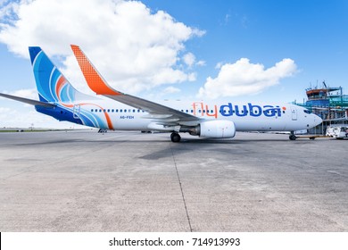 Maldives, Male - 18 March 2017: Airplane FlyDubai ready to take off at airport field.