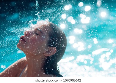Maldives or Miami beach water. Beauty of woman is moisturized in bath. cute woman on Caribbean sea in Bahamas. Summer vacation and travel to ocean. Relax in spa swimming pool, refreshment and skincare - Shutterstock ID 1070906642