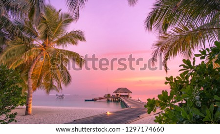 Maldives resort island in sunset with wooden jetty, amazing colorful sky. Perfect sunset beach scenery. Detail of palm leaves on foreground. Vacation and beach relaxation, summer holidays background
