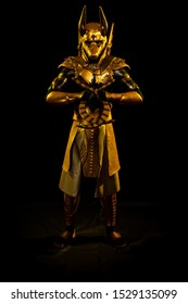 a male actor in a suit of an Egyptian mythology character, the golden deity Jackal Anubis, twists buugeng in yellow light on a black background