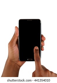 Male African American's Hands Texting Ona Smartphone With Blank Screen For Adding Imagery.