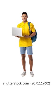 Male African-American Student With Laptop On White Background