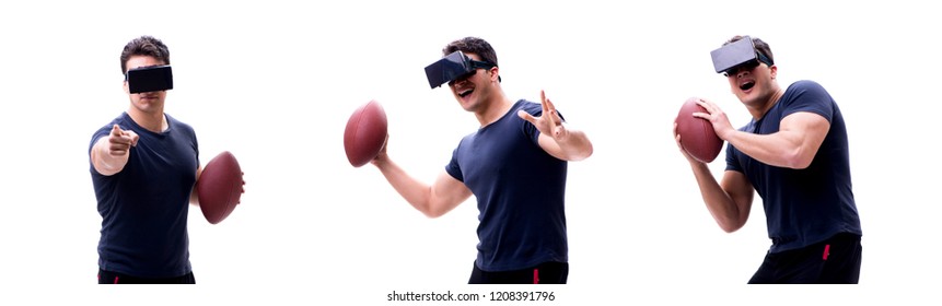 Male american footbal player wearing virtual reality VR glasses  - Powered by Shutterstock