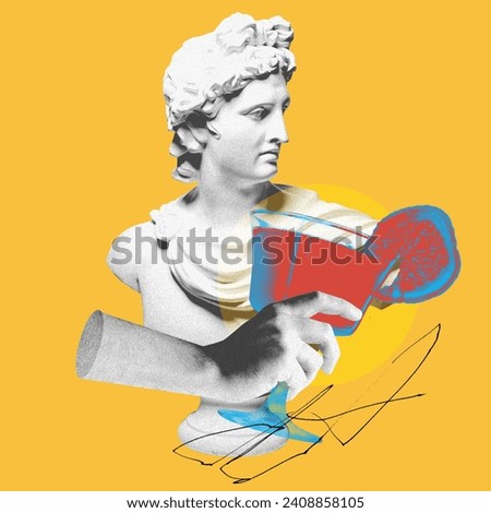 Male antique statue bust and sweet and sour alcohol cocktail over yellow background. Contemporary art collage. Concept of party, surrealism, alcohol drinks. Pop art. Noise, grainy effect