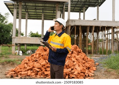 A male architect wearing a hard hat and safety vest checks his laptop while holding a clipboard with house plan papers. He reviews blueprints, construction documents,house structure details on-site. - Powered by Shutterstock