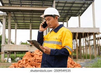 A male architect wearing a hard hat and safety vest checks his laptop while holding a clipboard with house plan papers. He reviews blueprints, construction documents,house structure details on-site. - Powered by Shutterstock