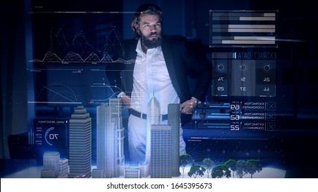 Male Architect works with Holographic Augmented Reality 3D City Model using gestures showing graphs. Technologically Advanced Office with Augmented Virtual Modeling Software on Futuristic Display. - Powered by Shutterstock - Get 15% off with code: PIKWIZARD15
