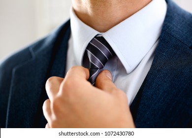 Male Arm In Blue Suit Set Tie Closeup. White Collar Management Job Serious Move Secretary Student Luxury Formal Interview Executive Agent Marriage Store Corporate Elegance Employment Preparation