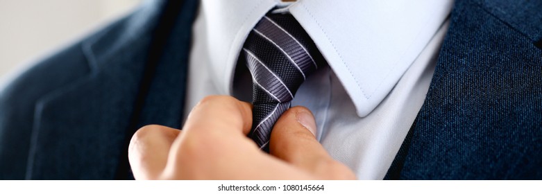 Male Arm In Blue Suit Set Tie Closeup. White Collar Management Job Serious Move Secretary Student Luxury Formal Interview Executive Agent Marriage Store Corporate Elegance Employment Preparation