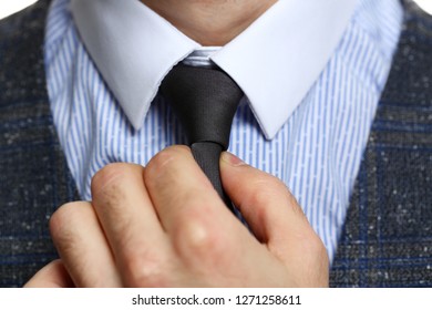 Male Arm In Blue Suit Set Tie Closeup. White Collar Management Job Serious Move Secretary Student Luxury Formal Interview Executive Agent Marriage Store Corporate Elegance Employment Preparation