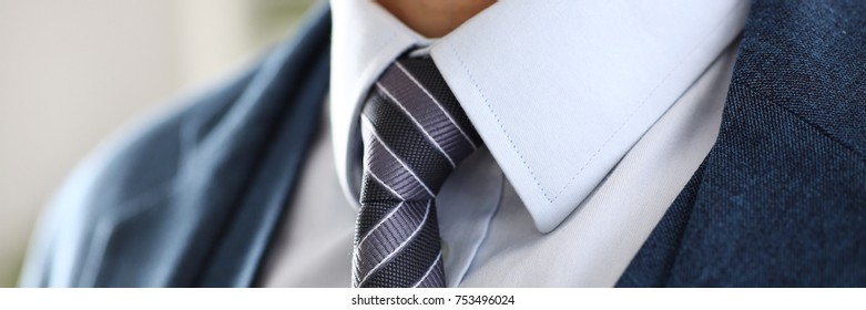 Male Arm In Blue Suit Set Tie Closeup. White Collar Management Job Serious Move Secretary Student Luxury Formal Interview Executive Agent Marriage Store Corporate Elegance Employment Preparation