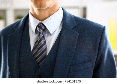 Male Arm In Blue Suit Set Tie Closeup. White Collar Management Job Serious Move Secretary Student Luxury Formal Interview Executive Agent Marriage Store Corporate Elegance Employment Preparation