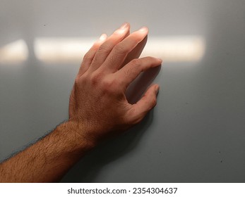 Male arm with long arms on a white background. Sunlight shines through.
