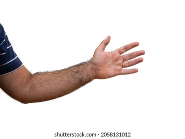male arm outstretched with open palm wearing wedding band isolated on white background
