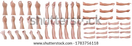  Male asian hand gestures isolated over the white background. Grab Round Thing with five fingers Action.