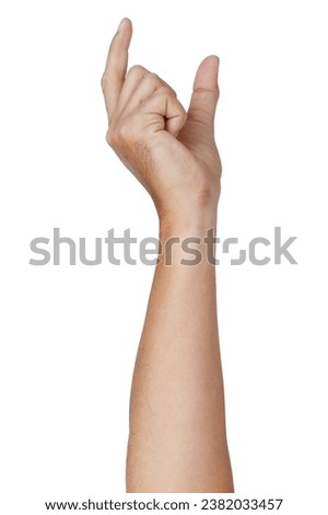 Male asian hand gestures isolated over the white background. Grab small thing action.
