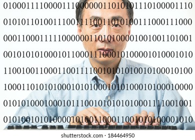 Male asian programmer with binary codes on white background