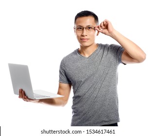 Male Asian Programmer With Laptop On White Background