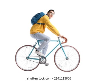 Male Asian Student Riding Bicycle On White Background