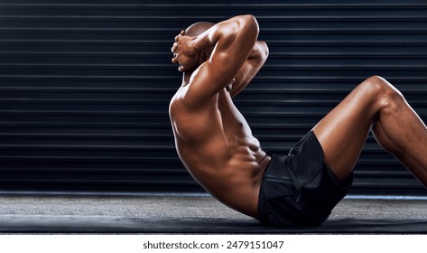 Male athlete, crunches on exercise mat for workout, sports as bodybuilder for fitness in gym. Healthy man, topless and core routine for wellness, muscle and strength training for mental wellbeing - Powered by Shutterstock