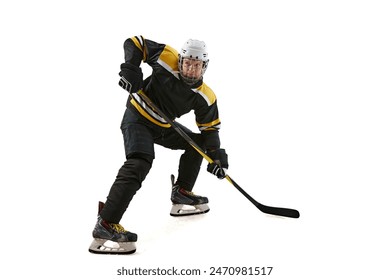 Male athlete, hockey player in black uniform and helmet training, competing isolated on white background. Concept of professional sport, competition, game, tournament, active lifestyle - Powered by Shutterstock