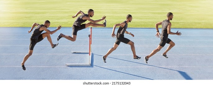 A male athlete jumping over a hurdle. Sequence of a fast professional sprinter or active track racer running over an obstacle. Sports man training for a track and field race on a sunny day - Powered by Shutterstock