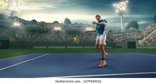 Male athlete plays tennis on a professional court