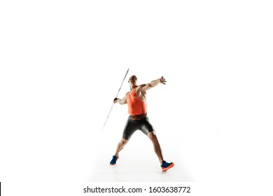 Male athlete practicing in throwing javelin isolated on white studio background. Professional sportsman training in motion, action. Concept of healthy lifestyle, movement, activity. Copyspace. - Powered by Shutterstock