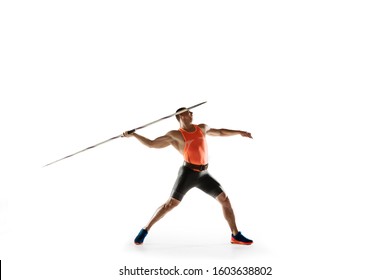 Male athlete practicing in throwing javelin isolated on white studio background. Professional sportsman training in motion, action. Concept of healthy lifestyle, movement, activity. Copyspace. - Powered by Shutterstock