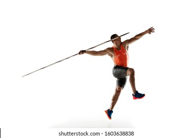 Male athlete practicing in throwing javelin isolated on white studio background. Professional sportsman training in motion, action. Concept of healthy lifestyle, movement, activity. Copyspace. - Powered by Shutterstock