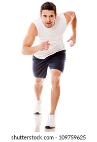 Male athlete running - isolated over a white background