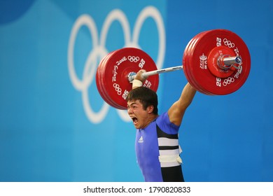 Male Athletes Lift Barbell From China Beijing August 2008 Summer Olympic Games.