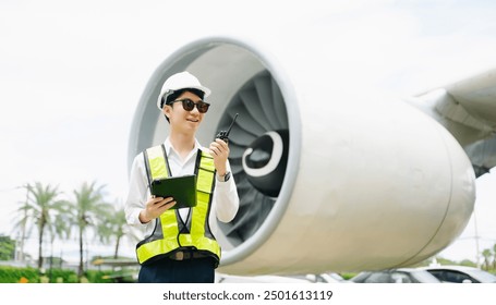 Male aviation engineer in safety gear inspecting an airplane engine, embodying professionalism and industry standards. - Powered by Shutterstock