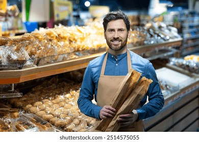 Male baker smiling warmly while holding fresh baguettes in busy grocery store bakery section. Displays assortment of baked goods highlighting fresh bread selection and inviting atmosphere. - Powered by Shutterstock