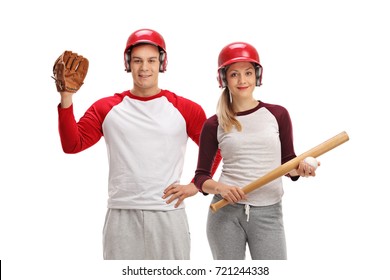 Male baseball player with a glove and a female baseball player with a bat isolated on white background - Powered by Shutterstock