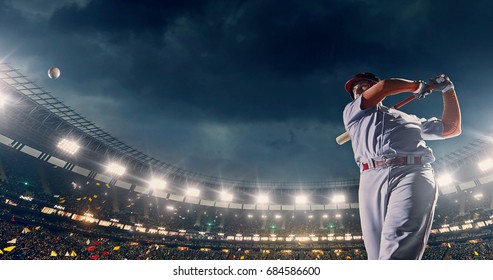 A male baseball player performs a dramatic play on the baseball stadium. He wears unbranded sport clothes. The stadium is made in 3D. - Powered by Shutterstock