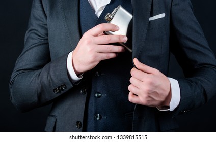 Male With Beard Put Whiskey Flask In Pocket. Man Has Bad Addiction. Businessman In Suit. Bachelor And Single. Man Drink Alcohol. Drinking Whiskey From Bottle. Whiskey On Business Meeting.