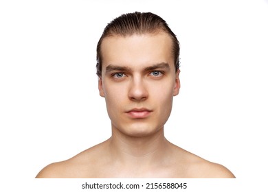 Male beauty. Close-up portrait of young handsome man isolated on white studio background. Concept of men's health, self-care, body and skin care. Male model looking at camera - Powered by Shutterstock