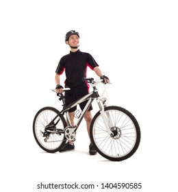 A Male Bicyclist Posing With His Bicycle, Full Length Studio Portrait Isolated On White Background